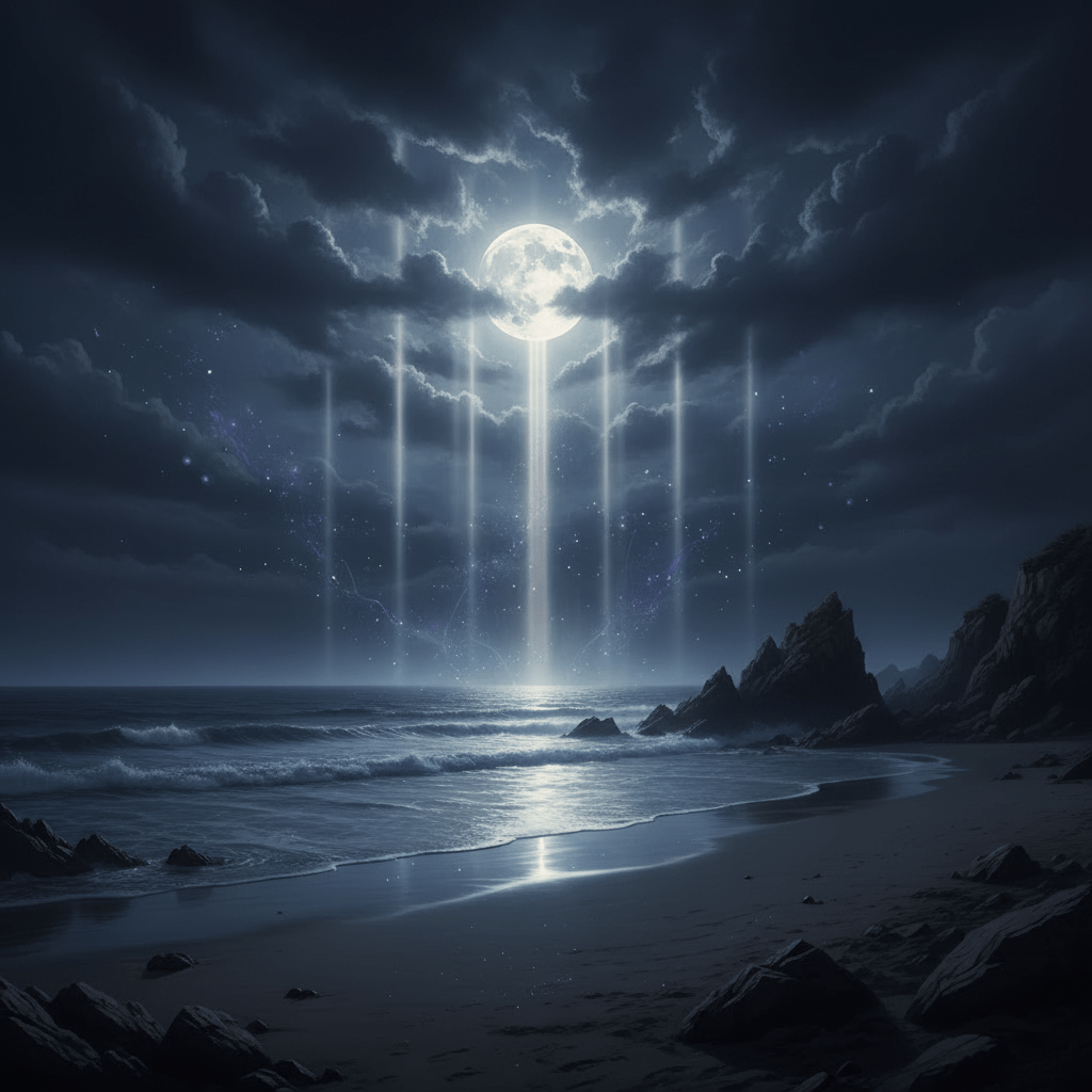 People stand on a beach watching mystical beams of light descend from a full moon.