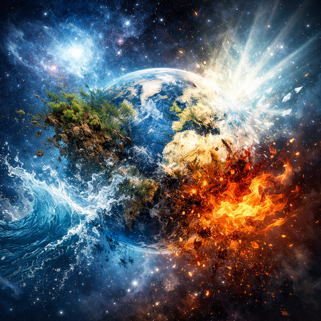 Earth breaking apart with water waves, fire flames, and earth fragments colliding in space